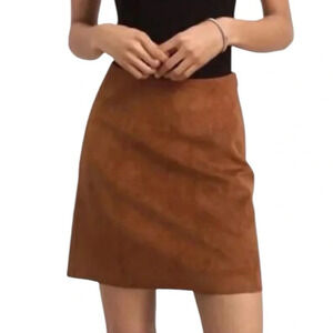 Babaton Aritzia Dark Camel Preppy Faux Suede Academia Quiet Luxury Mini Skirt 4